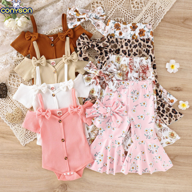 Conyson Hot Sale Spanish Newborn Organic Short-Sleeved Stripe Print Flower Baby Girl Ruffle Bow Jumpsuit 3 Pieces Baby Romper