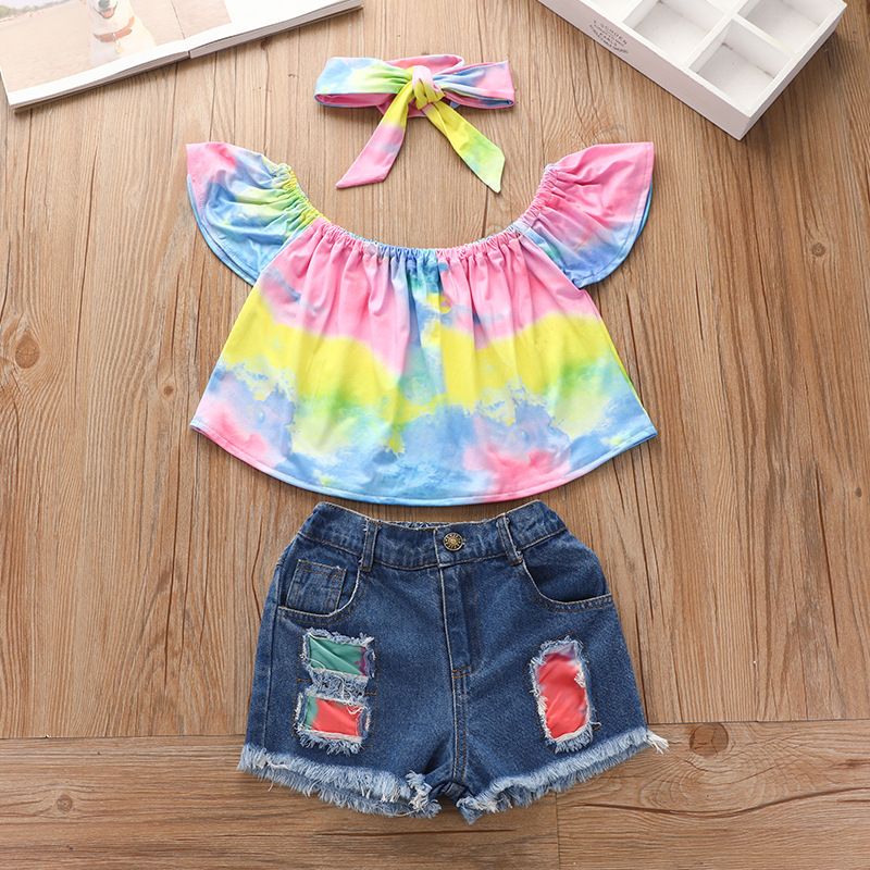 Conyson Wholesale Hot Sale Summer Kids Clothes Tie-dyed Print Fantasy Short Sleeve Pullover Denim Shorts Headband 3pcs Sets Kids