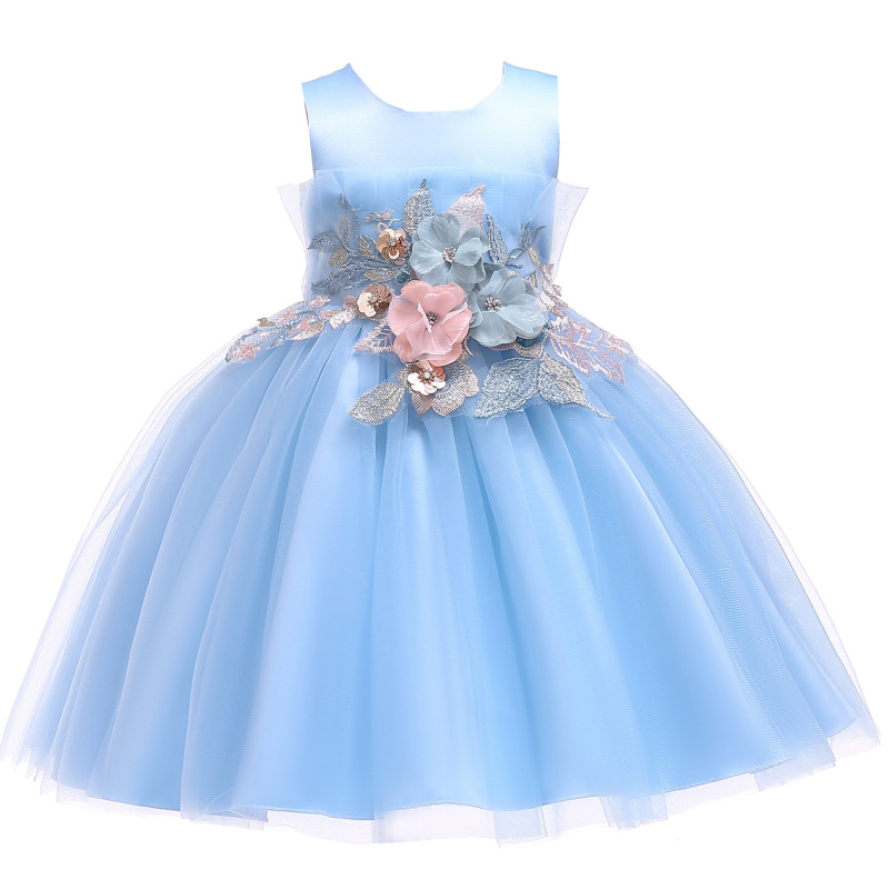 Conyson high quality rts boutique summer sleeveless Baby girl embroidery floral Birthday ball gown Kid Girl Princess Party Dress