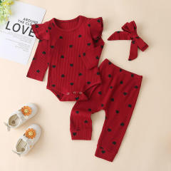 Conyson Wholesale New Kids Clothing Spring Baby Girl 3 pcs Vintage with buttons Outfit Long Sleeves Heart Print Baby rompers