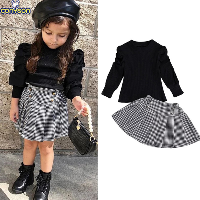 Conyson Wholesale Hot Sale Black Long Sleeve Pullover Baggy Baptism Baby Clothes Solid Toddler Girl 1-7 years dress set