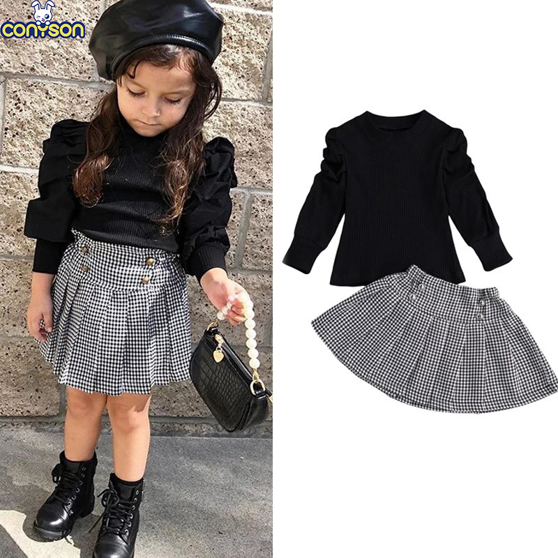 Conyson Wholesale Hot Sale Black Long Sleeve Pullover Baggy Baptism Baby Clothes Solid Toddler Girl 1-7 years dress set