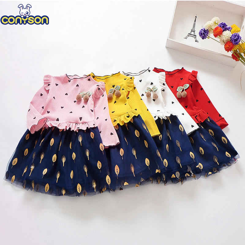 Conyson Baby Kids Children Fashion Long Sleeve Little Girl Heart Pattern Skirt Floral Printing Fluppy Princess Stitching Dress