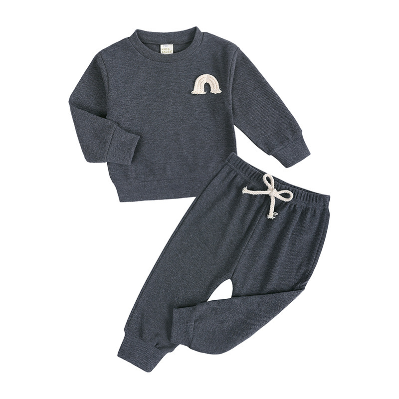 Conyson 2023 Wholesale Kids Spring Autumn Pure Color Long Stationary Rainbow Outdoor Top+Sweat Pants 2 Pieces Clothing Baby Set