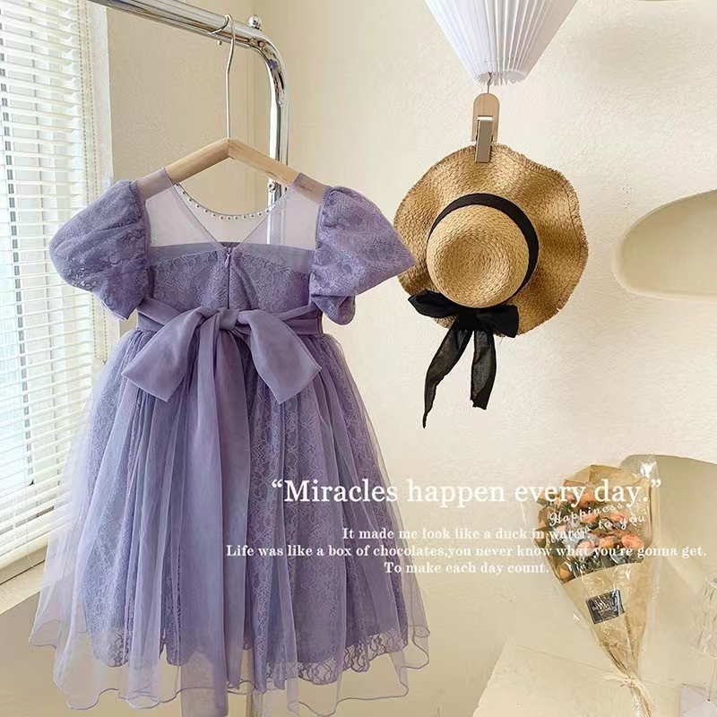 Conyson New Design Wholesale Price Solid Birthday Wedding Party Wear Flower Dresses Baby Girls Bowknot Purple Princess Dress