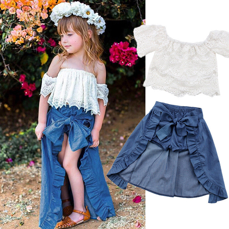Conyson Wholesale Fashion Summer Children's Girls Clothes Suits Lace High Waist Top Denim Shorts Skirts 3 Pieces Elegance Sets