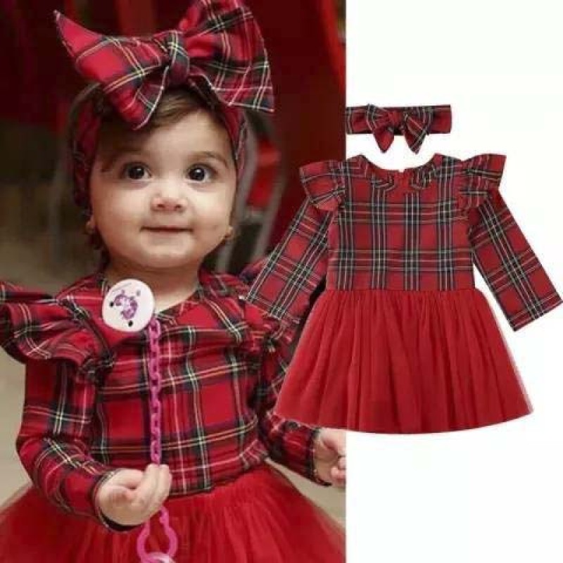 Conyson Baby Girls Christmas Dress Long Sleeve Red Plaid Princess Dresses For Newborn Red Party Xmas Dress Hairbands Set