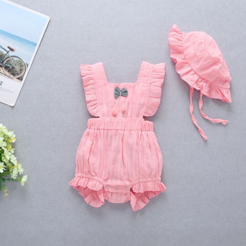 Conyson Summer Cute Baby Girls Romper 2pcs Ruffles Sleeveless Flowers Solid Jumpsuits With Hats Baby Kids Clothes Outfit Sets