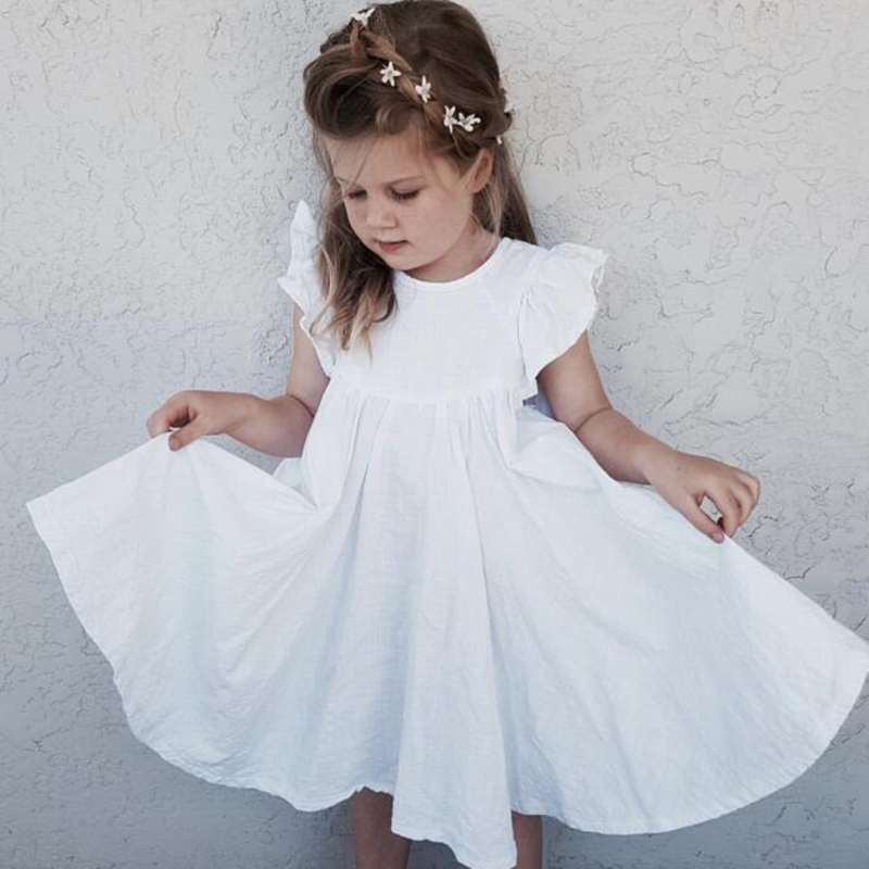 Conyson Toddler Baby Girls Cotton Linen Crew Neck Dress Summer Ruffle Sleeve Halter Sleeveless Kids Casual Beach Party Dresses