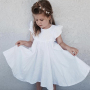 Conyson Toddler Baby Girls Cotton Linen Crew Neck Dress Summer Ruffle Sleeve Halter Sleeveless Kids Casual Beach Party Dresses