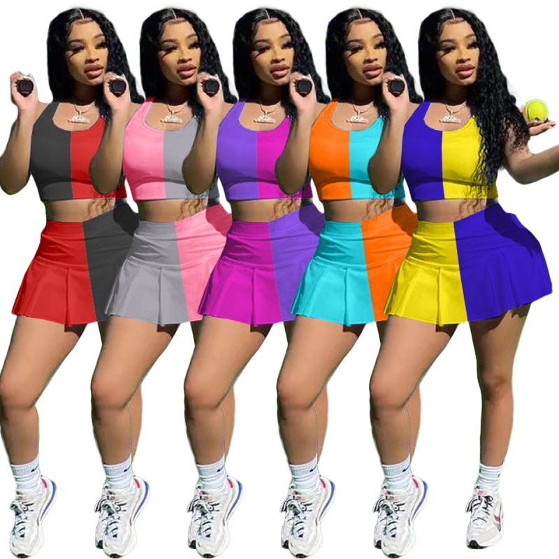 Conyson Wholesale Womens Matching Summer Outfits Women Short Set Clothing Custom Color Blocking Top Skirt  Casual Tracksuits