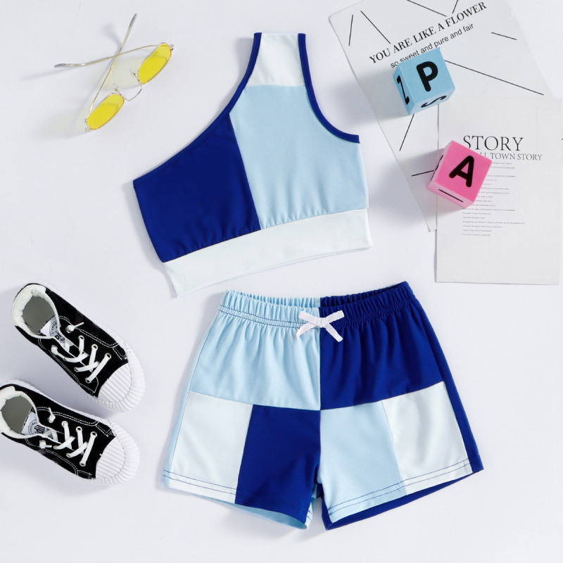 Conyson hot sale Fashion Summer Baby Girls one shoulder patchwork Outfit two pieces tank top shorts Suit kids Girl Clothing Sets