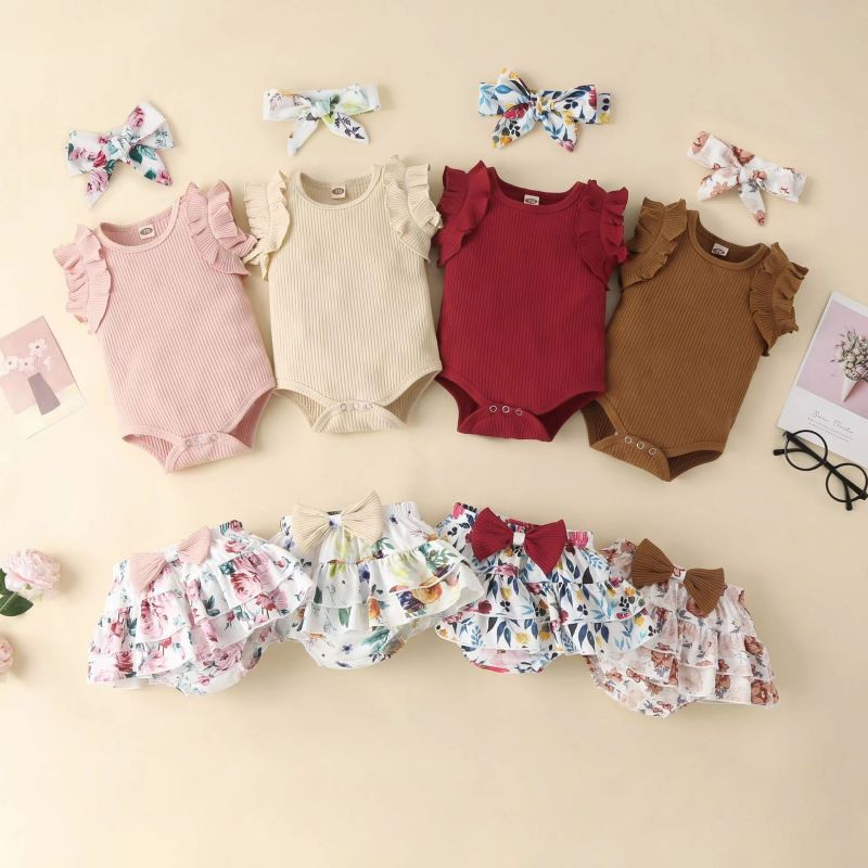 Conyson Одежда для новорожденных, детский хлопковый комбинезон с цветочным принтом для маленьких девочек, комбинезон с короткой повязкой на голову, комплект из 3 предметов