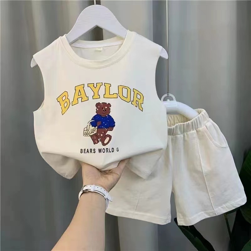 Conyson Wholesale Summer Baby Clothes Fashion Sleeveless Children Cartoon Printed Outfit Kids Clothing Boys' Two Piece Short Set