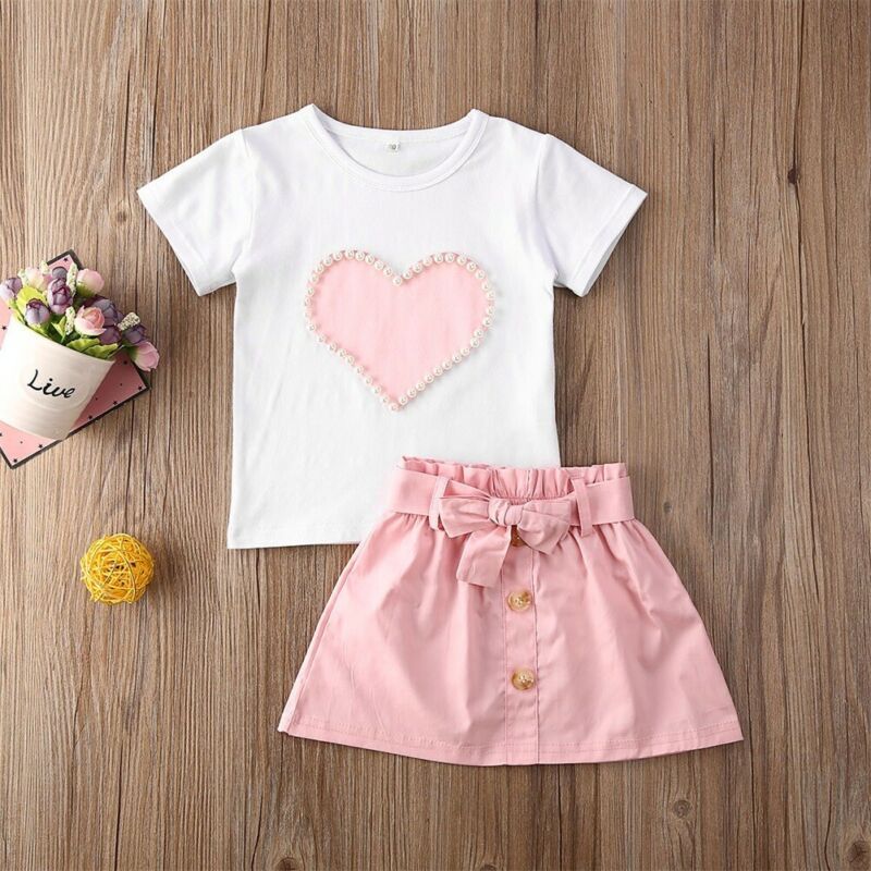 Conyson Kids Baby Clothes Summer Clothing Infant Children Easter Gift Print Pearls Heart Top Shirt Skirt 2Pcs Set Custom Outfit