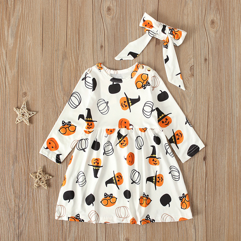 Wholesale Halloween Pumpkin Pattern Long Sleeve Skirt Head Band Two Pieces Outfits Casual Pajama Party Festival Dress