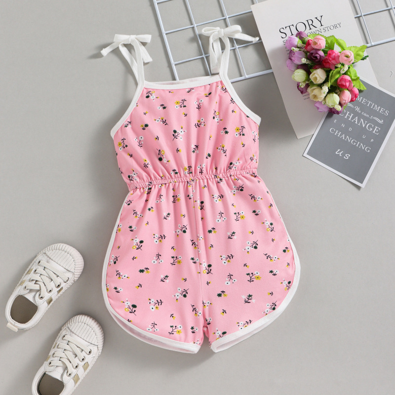 Conyson Wholesale Baby Girls Romper Flower Stripe Printed Sleeveless Tie-Up Shoulder Strap Sling Halter Jumpsuits Clothing Kids