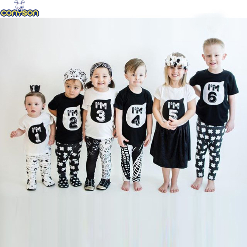 Conyson hot sale Fashion boutique Children's baby Korea kid print number low moq shirt wear Summer boy Girl clothing Top T-shirt