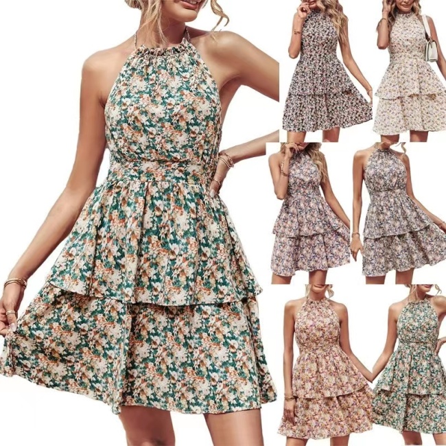 Conyson New Arrivals Summer Wholesale Women Vintage Floral Printed Backless Sleeveless Halter Neck Women's Long Elegant Dress