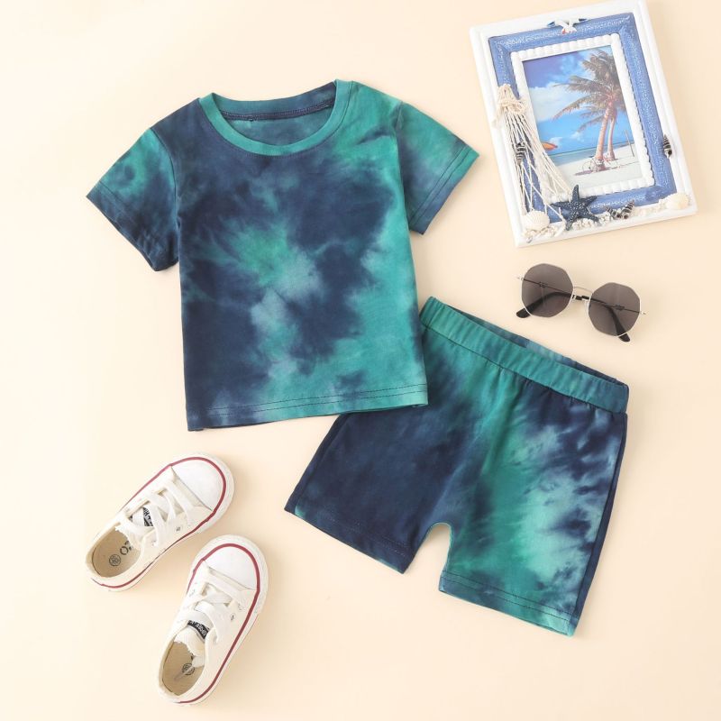 Conyson New Summer Unisex Short Bottoms Tracksuit Tie-dye Printed Short Sleeve Tops Casual Kids Boy Girl 2pcs Outfits Sets