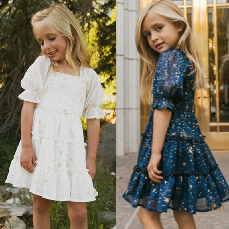 Conyson Summer Smocked Dress For Girls Sequin Ruffle Short Sleeve Clothes Children New Fashion Chiffon Party Princess Costume