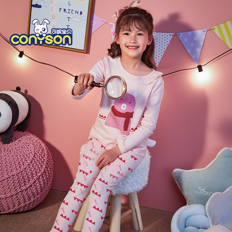 Wholesale Little Girl Cartoon Print Winter Knitted Korean Sleeping Pajama Set Kids