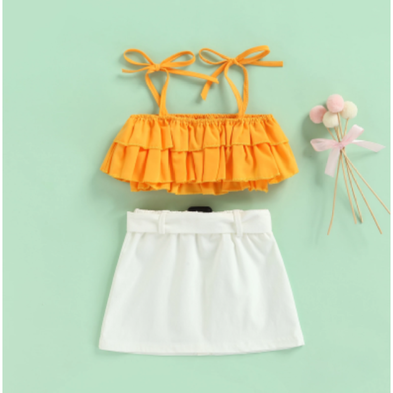 Conyson Wholesale Summer 1-5Y Littler Girls 2pcs Clothes Sets Solid Flower Sleeveless Vest White Skirts Boutique Kids Girl Suits