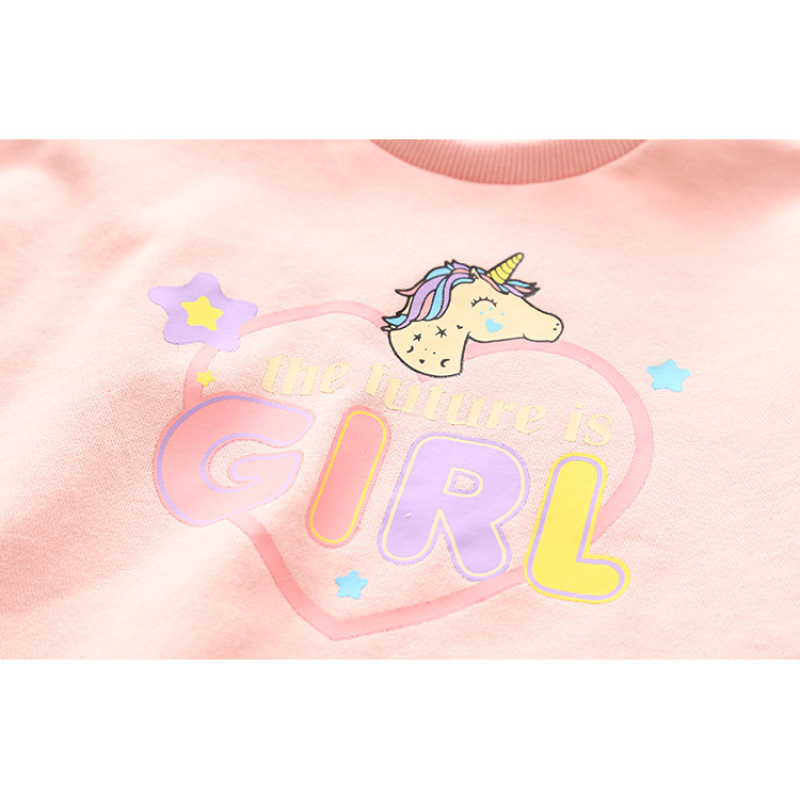 Conyson Latest Design Non-hooded Long Sleeve Cute Girl Track Cartoon pure color love print Girl autumn cotton Kids Clothing Sets