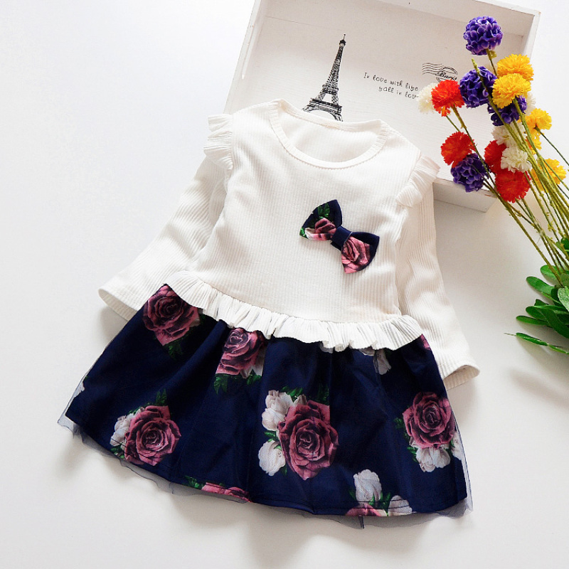 Conyson Hot Sale Autumn Factory Fashion Long Sleeve Skirt Baby Little Girl Patchwork Sweet Bow Printing Fluffy Princess Dress