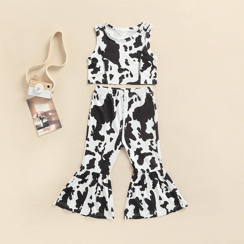 Conyson Kids Girl Clothes Set Vest Tops+ Leopard Print Sleeveless Bell-bottomed Flared Pants Outfits Kids Clothes Girl Outfits