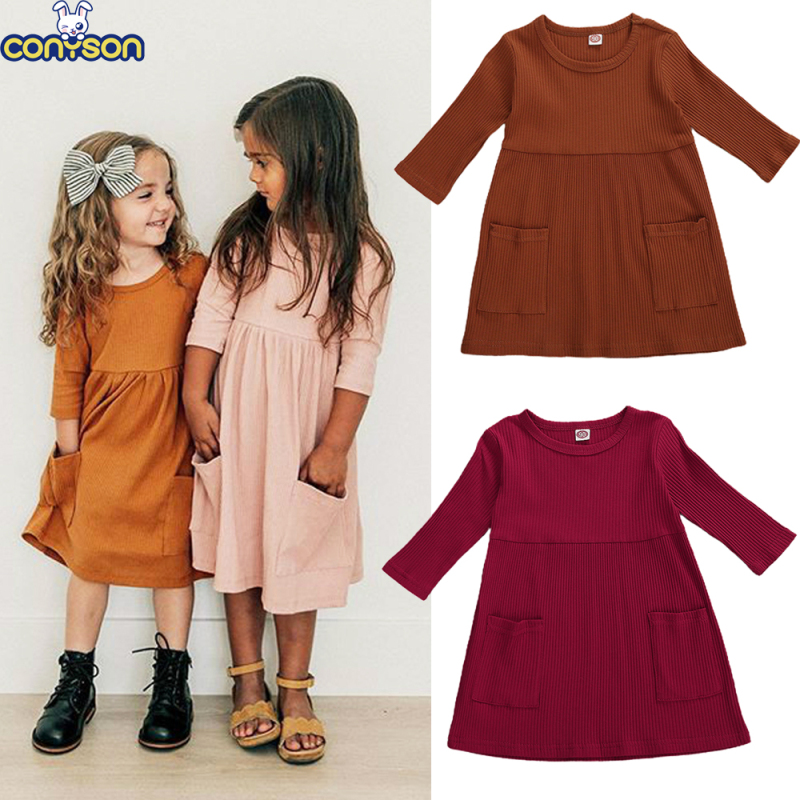 Conyson Spring Cotton Causal Kids Clothes Infant Baby Girls Knit Three Quarter Sleeve Solid Pocket Princess Flower A-line Dress
