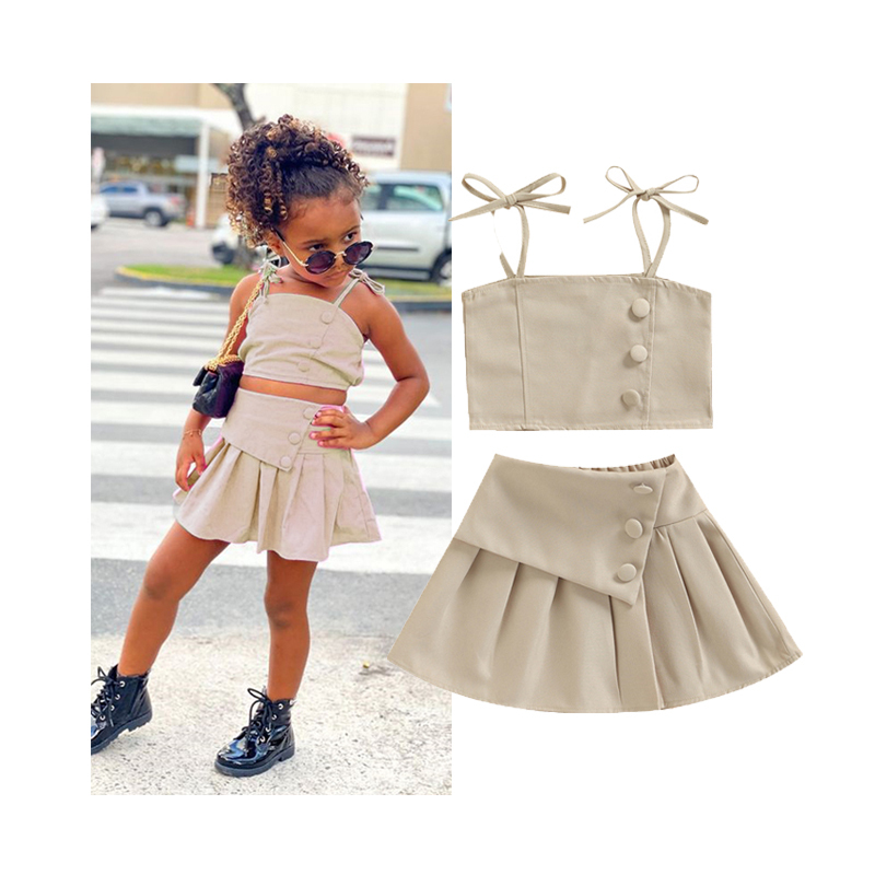 Conyosn Hot Sale New Summer Fashion Toddler Kids Baby Girls Clothes Sets Solid Strap Lace Up Vest Tops+High Waist Pleated Skirts