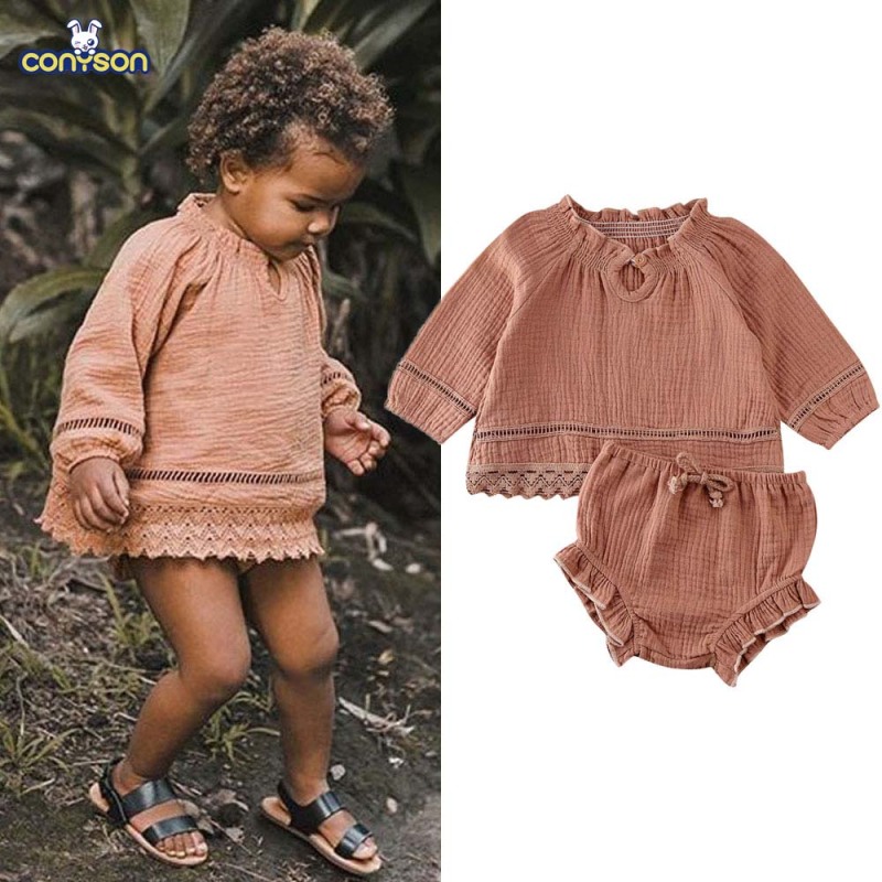 Conyson Newborn Infant Baby Girl Clothes Set Solid Long Sleeve Loose Lace Tops T-shirt Ruffle Shorts Pants Clothes Tracksuit Set