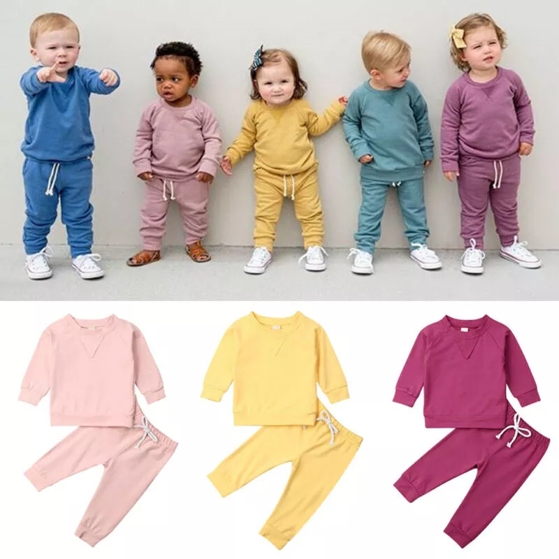 Conyson Wholesale Spring Cotton Long Sleeve Pants Solid Soft Cotton Infant Toddler Boy Clothes Suits Baby Girls Casual Suits
