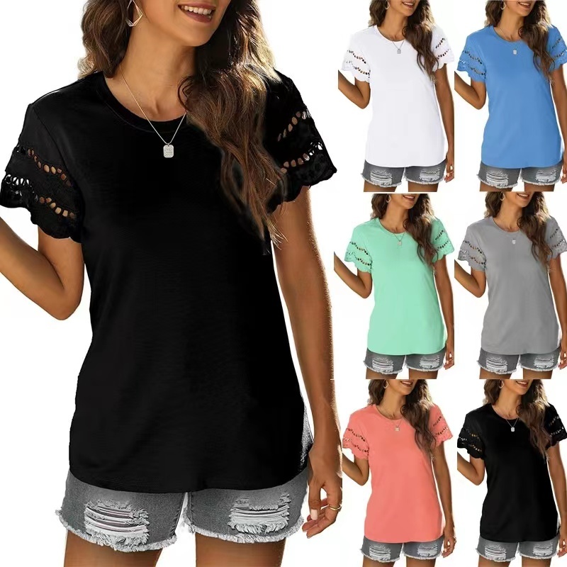 Conyson Hot Sale Spandex Polyester Fashion Lace Shirring 6 Colors Women Customizable Blank Casual T Shirt Women's T-shirts