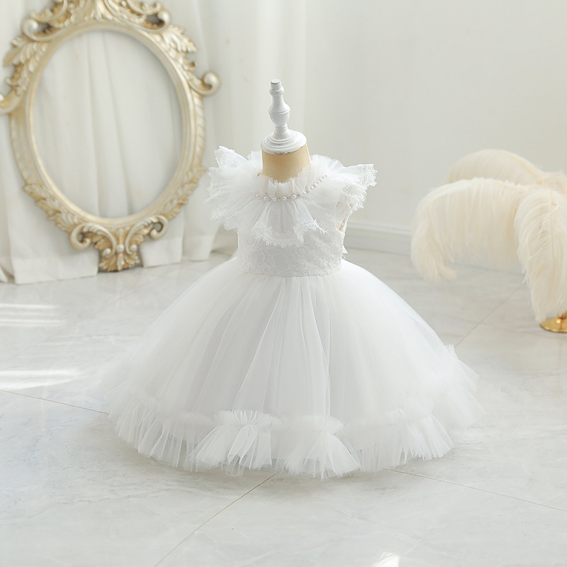 Conyson Hot Sale flower Girl Dress Mesh Birthday Princess Dress Puff European Style Embroidery Pearls Collar Sleeveless Dress