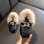 2021 Custom Winter Party Black Children Wholesaler Little Toddler Baby Girl Kids Flats Fur Dress Children's Casual Shoes
