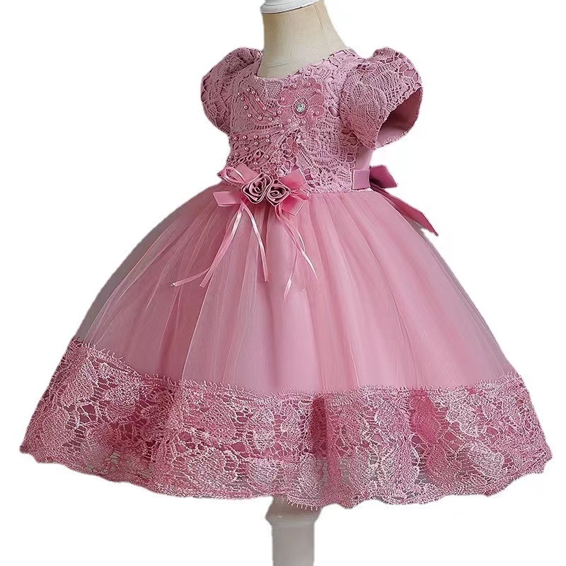 Conyson Hot Wholesale European Style Embroidery Design Frill Hem Solid Puff Sleeve Elegant New Girls floral Princess Dress