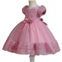 Conyson Hot Wholesale European Style Embroidery Design Frill Hem Solid Puff Sleeve Elegant New Girls floral Princess Dress