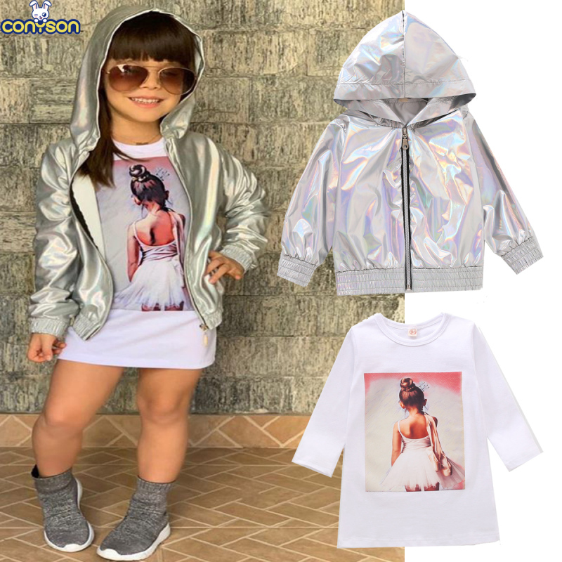 Conyson Wholesale Hot Autumn Bright Gold Stamping Hooded Coat + Long Sleeve Cartoon Printed T-shirt Skirt 2pcs Girls Clothes Set