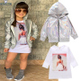 Conyson Wholesale Hot Autumn Bright Gold Stamping Hooded Coat + Long Sleeve Cartoon Printed T-shirt Skirt 2pcs Girls Clothes Set