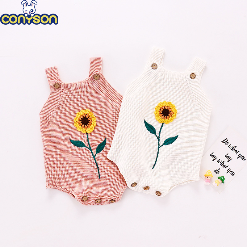 Conyson Wholesale New Toddler Kids Baby Girls Clothes Sunflower Cotton Knitted Hand Knitting Triangle Jumpsuit Woolen Rompers