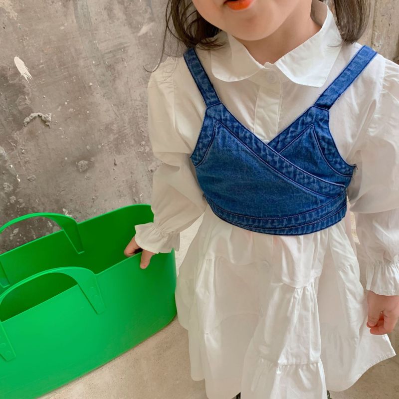 Spring Autumn Girls Set Baby Long Kids Fashion Suit Wholesale Long Sleeve Spring Kids Shirt Dress Denim Vest