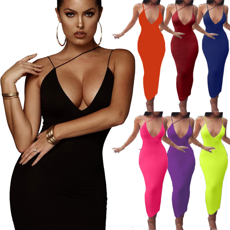 factory price Fashion New Women Casual V-Neck Halt Long Dresses Summer Girls Pencil Bodycon Sexy female hip Club Dress Clothing