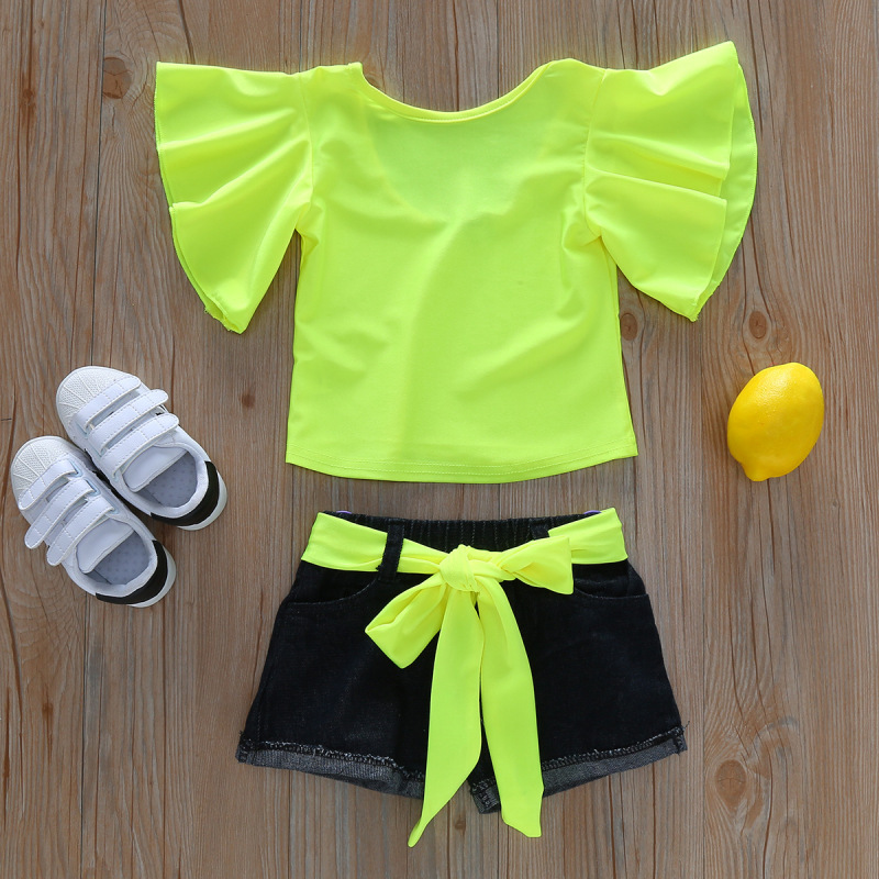 Factory Direct Girls Stretch Solid Color Suit New Arrival Toddler Girls Boutique Summer Ruffled Flared Sleeve Clothing Set