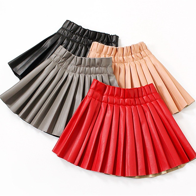 2-15years Baby Dress Girls PU Leather Pleated Skirt Baby Girl Elastic Waist Short Solid Skirts pleated skirt