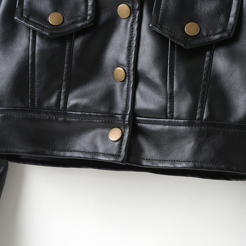 New Fashion Kids Girl Puffed Sleeve Brown Cute Black Short Pu Leather Children's Casual Handsome Motorcycle Wear Jacket