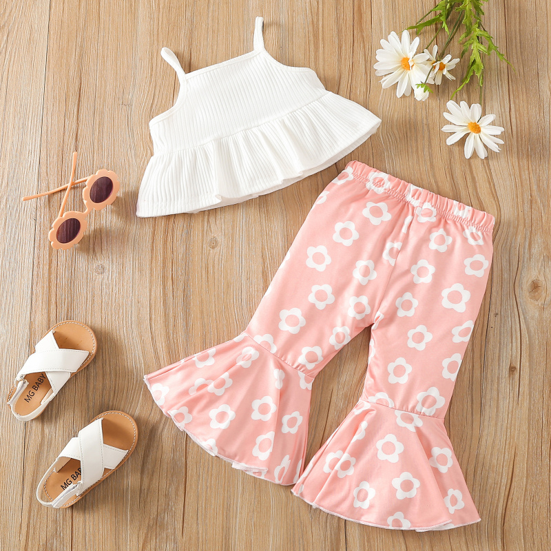 Conyson Baby Girls Summer Clothes Sets Sleeveless Ribbed Sling Vest + Floral Printed Flared Pants Kids Clothes  Casual Print Set