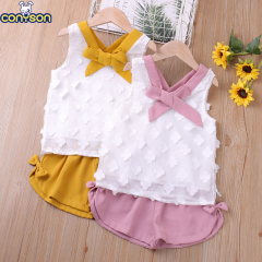 Conyson Wholesale Cute Infant High Quality Summer Sweater Baby Girls' Suit Bow Newborn Clothing Knitting 2 Pieces Girl Sets