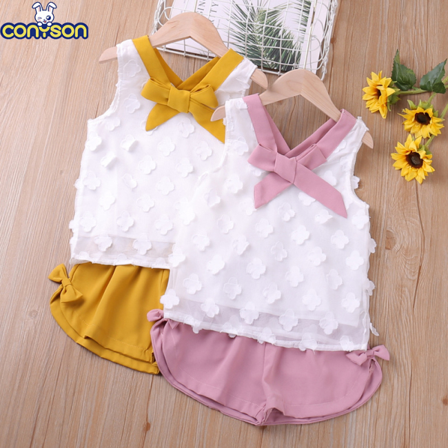 Conyson Wholesale Cute Infant High Quality Summer Sweater Baby Girls' Suit Bow Newborn Clothing Knitting 2 Pieces Girl Sets